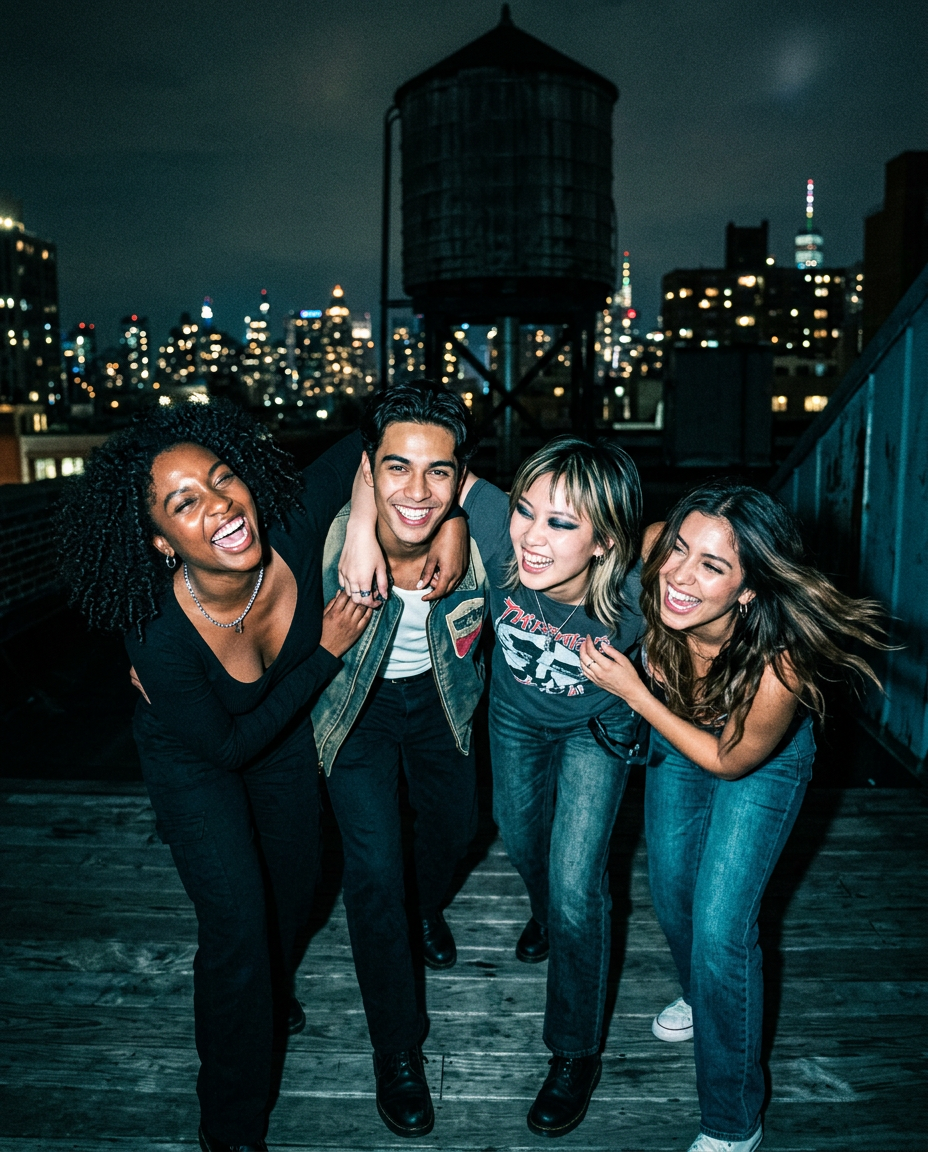 Friends laughing together on a city rooftop at night
