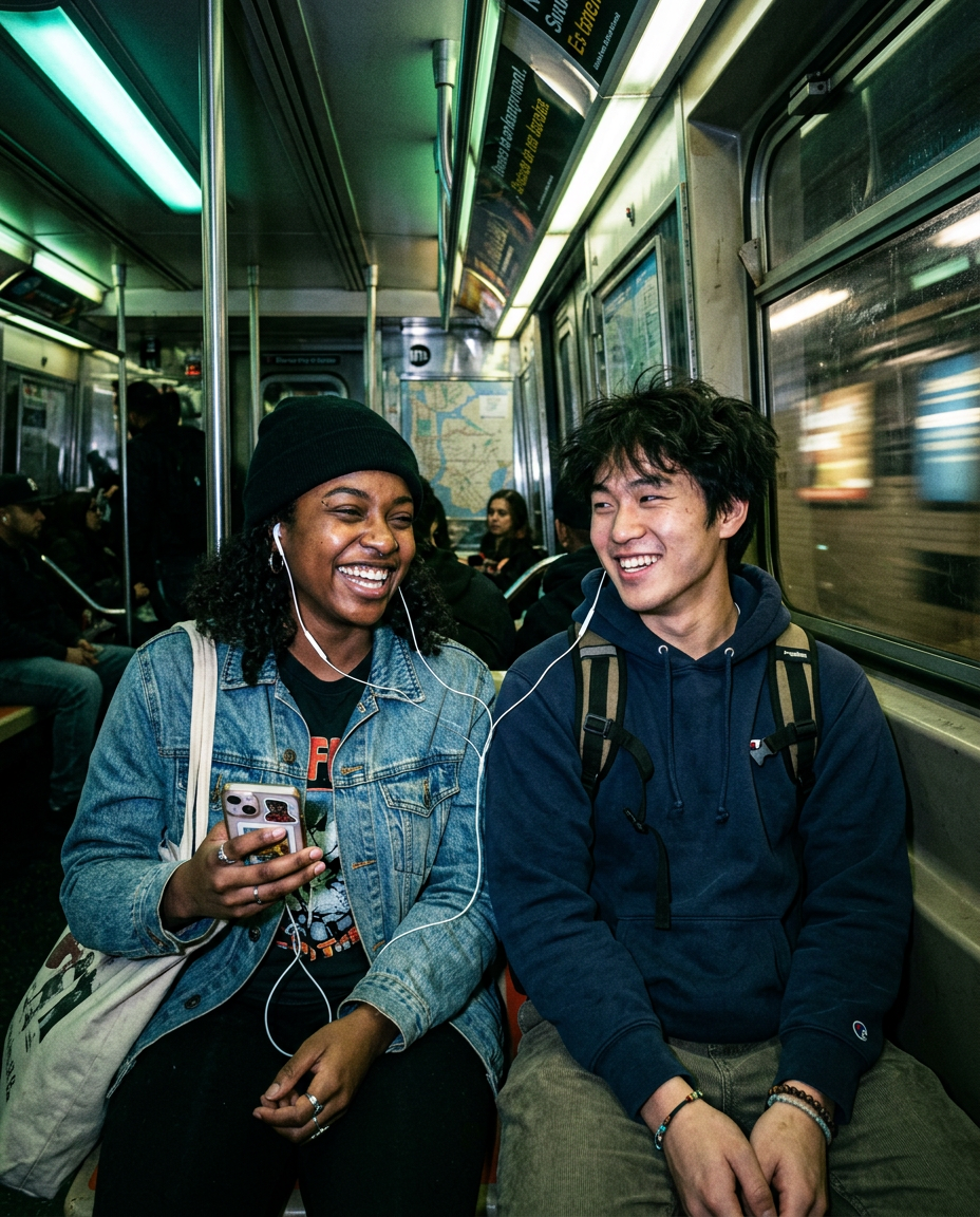 Two new friends sharing earbuds on the subway
