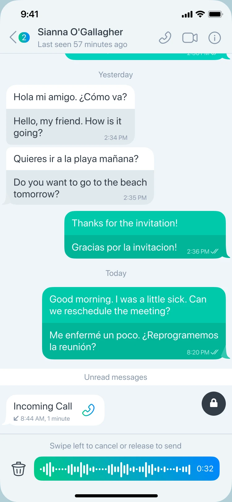 Earthy chat where Spanish messages appear with English translations, and English replies with Spanish translations