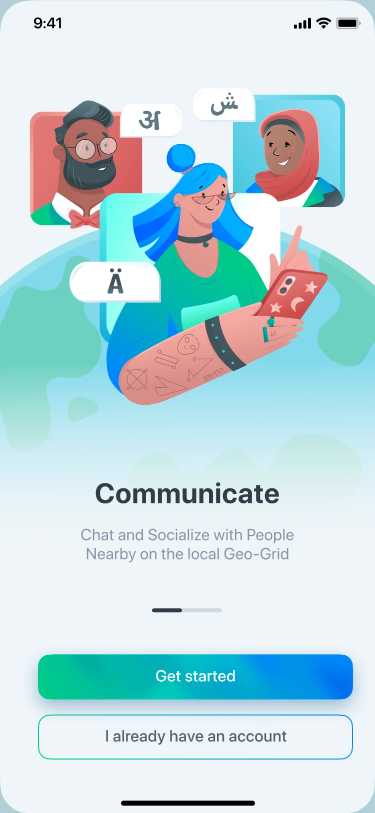 Earthy screen illustrating people chatting in different scripts